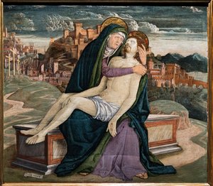 Beweinung, von Gerolamo da Treviso dem Älteren, ca. 1495-7. Im Hintergrund eine befestigte Stadt, die ein venezianisches Dorf wie Soave oder Marostica darstellen könnte. von Girolamo da Treviso the Elder