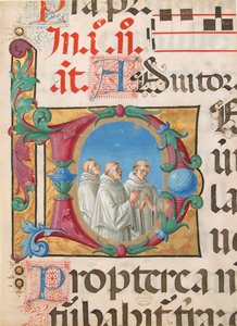 Manuskript-Illumination mit singenden Mönchen in einem Initial D, aus einem Psalter, Italienisch, 1501-2