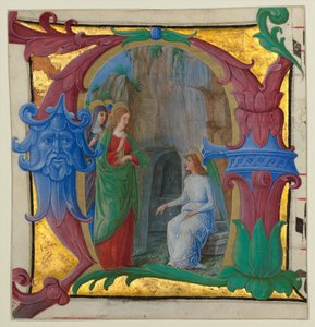 Manuskript-Illumination mit den heiligen Frauen am Grab in einem Initial A..., ca. 1490-1500