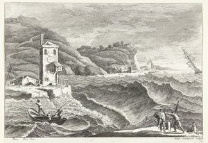 Küstenlandschaft mit Sturm auf See und Leuchtfeuer von Giuliano Giampiccoli