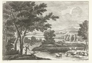 Landschaft mit Hirten und Vieh am Wasser von Giuliano Giampiccoli