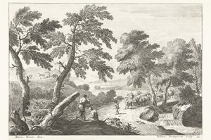 Landschaft mit Hirten auf dem Weg entlang eines kleinen Wasserfalls (Italiaanse landschappen) von Giuliano Giampiccoli