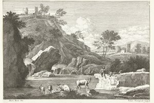 Landschaft mit zwei Hirten und Vieh am Wasser von Giuliano Giampiccoli