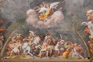 Ajax schützt den Leichnam von Patroklos während der Schlacht von Troja, Das Trojanische Pferd, Kammer von Troja (Sala di Troia) von Giulio (and workshop) Romano