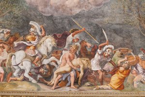 Ajax schützt den Leichnam von Patroklos während der Schlacht von Troja, Das Trojanische Pferd, Kammer von Troja (Sala di Troia) von Giulio (and workshop) Romano