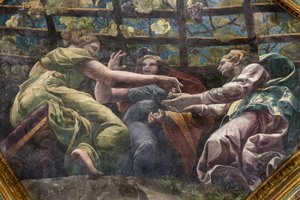 Detail des Gewölbes mit jungen Frauen und Trauben, Kammer von Amor und Psyche (Sala di Amore e Psiche) von Giulio (and workshop) Romano