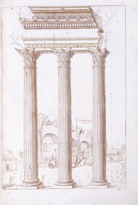 Die Säulen des Tempels von Castor und Pollux, mit dem Tempel des Friedens im Hintergrund, ca. 1550 von Giulio (circle of) Romano