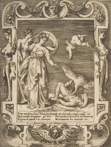 Ein Geier frisst die Eingeweide des Titius, Amor über zwei Frauen links, 1531-76 von Giulio Bonasone