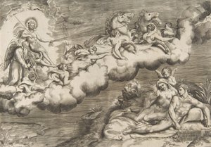 Eine Allegorie der aufgehenden Sonne, ein nackter Mann in einem Leichentuch und begleitet von Vater Zeit (1531-76) von Giulio Bonasone