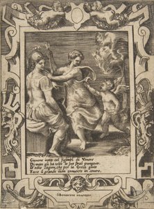 Athena sitzt neben Juno, die Cupidos Pfeile weggenommen hat, in einem aufwendigen Rahmen, 1531-76 von Giulio Bonasone