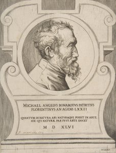 Büste von Michelangelo nach rechts gewandt, in einer Kartusche, 1546