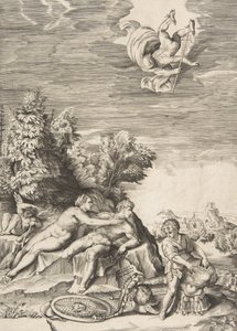 Kalypso versucht, Odysseus zurückzuhalten, während ein Kind rechts seine Rüstung vorbereitet und Merkur fällt, 1531-76 von Giulio Bonasone