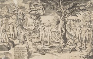 Amor in den Elysischen Feldern an einen Baum gebunden, umgeben von vielen Figuren von Giulio Bonasone