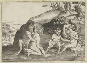 Drei Nymphen und zwei Satyrn beim Baden