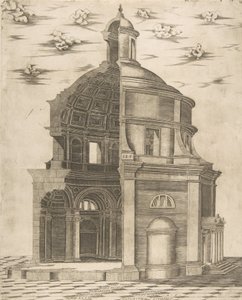 Außen- und Innenansicht eines Tempels in Rom, der Neptun gewidmet ist von Giulio Bonasone