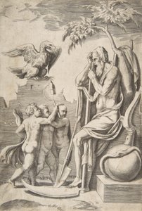 Vater Zeit rechts, an einer Sense lehnend, drei nackte Jungen und Adler links, 1531-76 von Giulio Bonasone