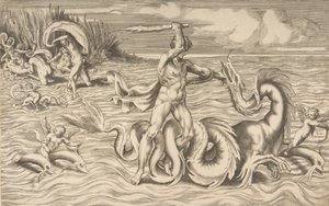 Herkules kämpft gegen einen Drachen in der Mitte, Achelous entführt Deianeira oben links von Giulio Bonasone