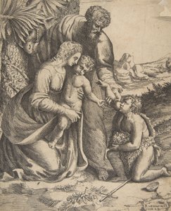 Heilige Familie mit Johannes dem Täufer, der rechts kniet, 1531-76 von Giulio Bonasone