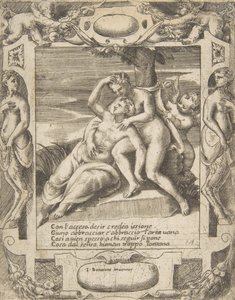 Ixion umarmt eine Wolke, denkt es sei Juno, Amor rechts, in einem aufwändigen... von Giulio Bonasone