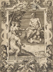 Juno links bittet Jupiter, den Griechen zu helfen, in einem aufwendigen Rahmen, 1531-76 von Giulio Bonasone