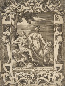 Jupiter links in der Gestalt eines Hirten begleitet von Mnemosyne, in einem aufwändigen... von Giulio Bonasone