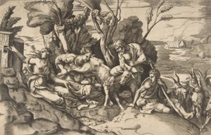 Jupiter wird von der Ziege Amalthea gesäugt, 1531-76 von Giulio Bonasone
