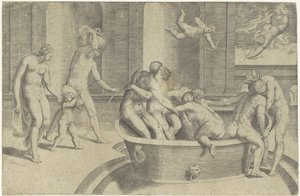 Männer und Frauen in großer Badewanne von Giulio Bonasone
