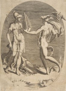 Merkur überreicht Minerva eine Panflöte, die links steht, eine ovale Komposition von Giulio Bonasone