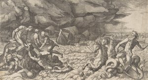 Neptun beruhigt den Sturm, den Aeolus gegen die Flotte des Aeneas entfesselt hat