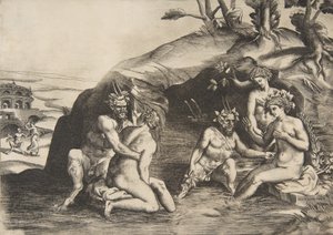 Nymphen und Satyrn beim Baden von Giulio Bonasone