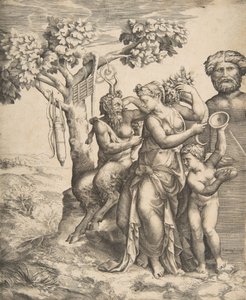 Pan links sitzend neben einer stehenden Nymphe, rechts Amor mit Zimbeln, 1531-76