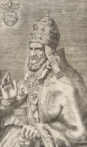 Porträt von Papst Marcellus II., rechte Hand erhoben, nach links gewandt, ca. 1555 von Giulio Bonasone