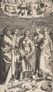 Heilige Cäcilia in der Mitte, begleitet von Paulus, der Magdalena, Johannes, 1531 von Giulio Bonasone