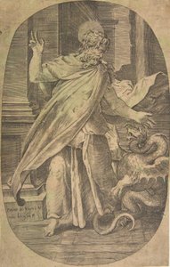 St. Paul überwindet die Viper, in einer architektonischen Umgebung, eine ovale Komposition, ca. 1540-70 von Giulio Bonasone