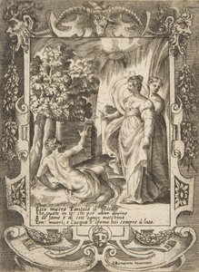 Tantalus links spricht mit Diana rechts, in einem aufwendigen Rahmen von Giulio Bonasone