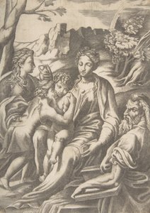 Die Heilige Familie mit Maria Magdalena und Johannes dem Täufer, der Christus umarmt, 1543