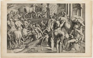 Das Trojanische Pferd wird in die Stadt Troja gezogen von Giulio Bonasone