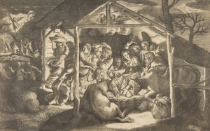 Die Anbetung der Hirten, verschiedene Figuren um das Christkind in der Mitte..., 1531-76
