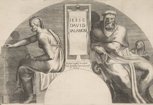 Die Vorfahren Christi flankieren eine beschriftete Tafel, eine Komposition mit gewölbtem Oberteil von Giulio Bonasone