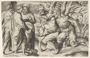 Zwei Satyrn führen Silenus zu König Midas, ca. 1550-80 von Giulio Bonasone