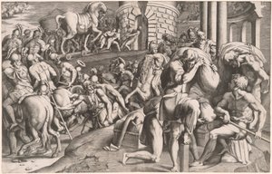 Die Trojaner ziehen das hölzerne Pferd nach Troja von Giulio Bonasone, after Francesco Primaticcio