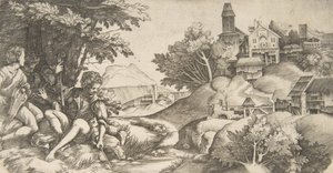 Links vier Hirten mit Musikinstrumenten unter einer Baumgruppe sitzend..., ca. 1517