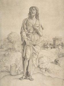 Der heilige Johannes der Täufer steht in einer Landschaft, Figuren und Gebäude im Hintergrund, ca. 1505-10 von Giulio Campagnola