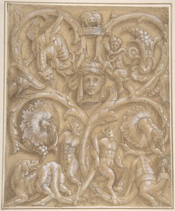 Entwurf für ein Zierpanel mit Rinceaux, Satyrn, Putti, Monstern und einem menschlichen Kopf, 1535-45