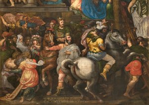 Wand gegenüber der Gegenfassade des südlichen Querschiffs, Giuseppe Campi, Triumph des Mordechai 1567, Detail unterer Teil von Giulio Campi
