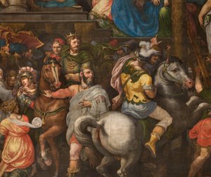 Wand gegenüber der Gegenfassade des südlichen Querschiffs, Giuseppe Campi, Triumph von Mordecai 1567 (Detail unterer Teil) von Giulio Campi