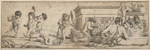 Bacchanal mit Säuglingssatyrn und Putti links, eine nackte männliche Figur liegt vorne, 1633-78 von Giulio Carpioni