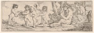 Bacchanal mit Satyr, der eine Laute spielt, umgeben von vier Figuren, die in eine Richtung schauen, 1640-60