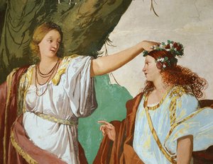 Nymphe Amaryllis als Siegerin des Kusswettbewerbs gekrönt von Giulio Carpioni
