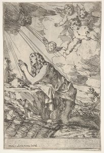 Die reuige Magdalena kniet auf felsigem Boden vor einem Schädel und Knochen, eine Salbe ..., ca. 1640-55 von Giulio Carpioni